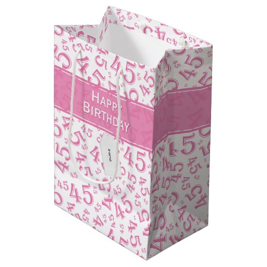 Happy 45th Birthday Number Pattern Pink/White Medium Cadeauzakje (Voorkant Gekanteld)