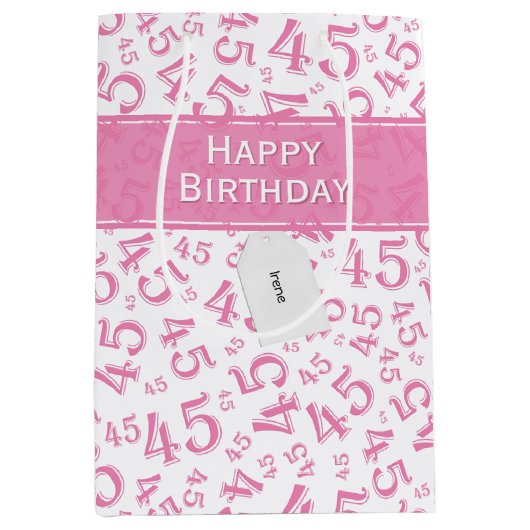 Happy 45th Birthday Number Pattern Pink/White Medium Cadeauzakje (Voorkant)