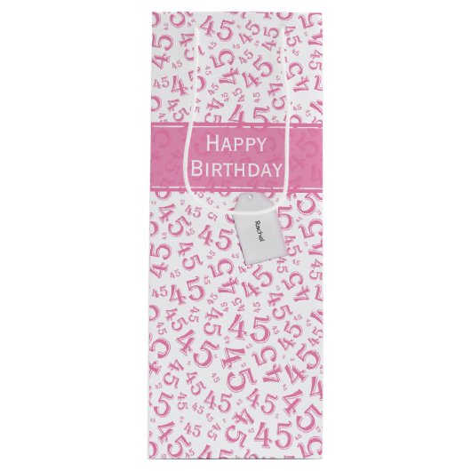 Happy 45th Birthday Number Pattern Pink/White Wijn Cadeautas (Voorkant)
