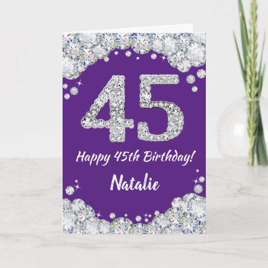 Happy 45th Birthday Paars en Silver Glitter Card Kaart (Voorkant)