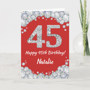Happy 45th Birthday Red en Silver Glitter Card Kaart