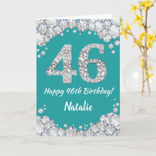 Happy 46th Birthday Blauwgroen en Silver Glitter C Kaart (Gele Bloem)