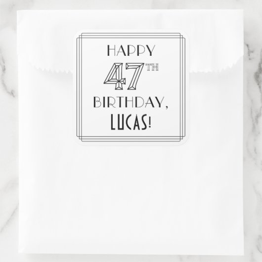 HAPPY 47th BIRTHDAY, Art Deco Style, Custom Name Vierkante Sticker (Tas)