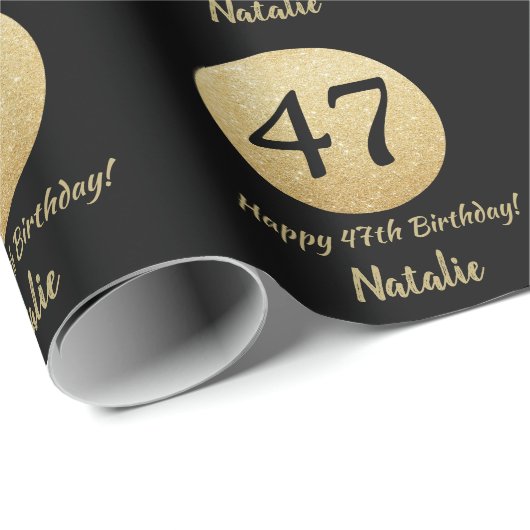 Happy 47th Birthday Black en Gold Glitter Cadeaupapier (Rol Hoek)