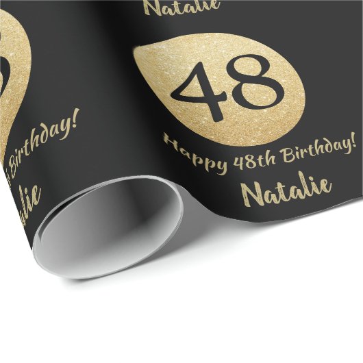 Happy 48th Birthday Black en Gold Glitter Cadeaupapier (Rol Hoek)