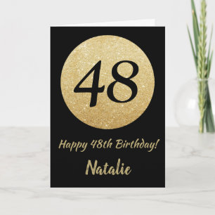 Happy 48th Birthday Black en Gold Glitter Card Kaart