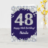 Happy 48th Birthday Navy Blue en Silver Glitter Kaart (Gele Bloem)