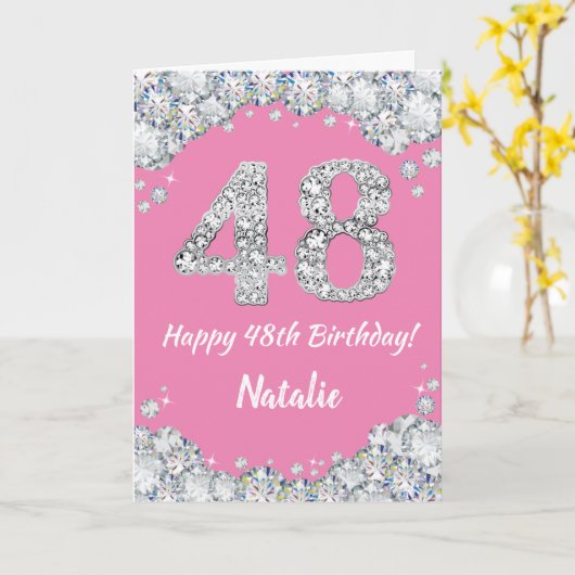 Happy 48th Birthday Pink en Silver Glitter Card Kaart (Gele Bloem)
