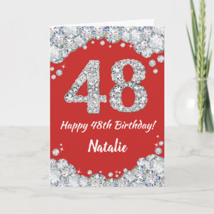 Happy 48th Birthday Red en Silver Glitter Card Kaart