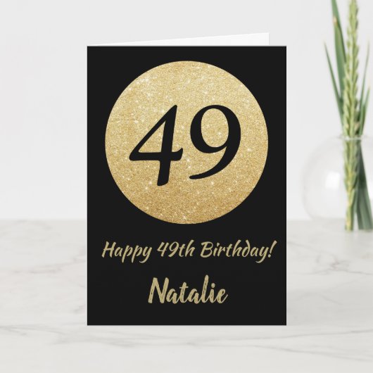 Happy 49th Birthday Black and Gold Glitter Card Kaart (Voorkant)
