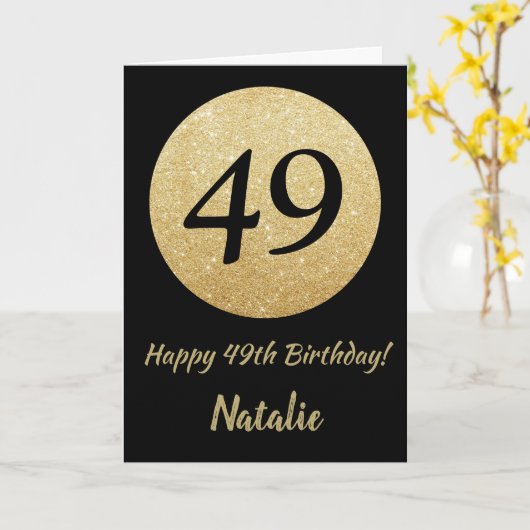 Happy 49th Birthday Black and Gold Glitter Card Kaart (Gele Bloem)