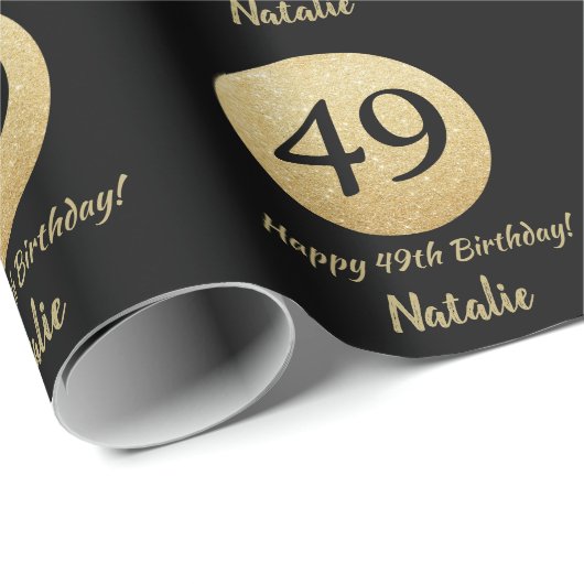 Happy 49th Birthday Black en Gold Glitter Cadeaupapier (Rol Hoek)