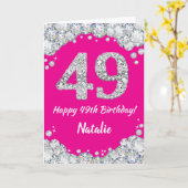 Happy 49th Birthday Hot Pink en Silver Glitter Kaart (Gele Bloem)