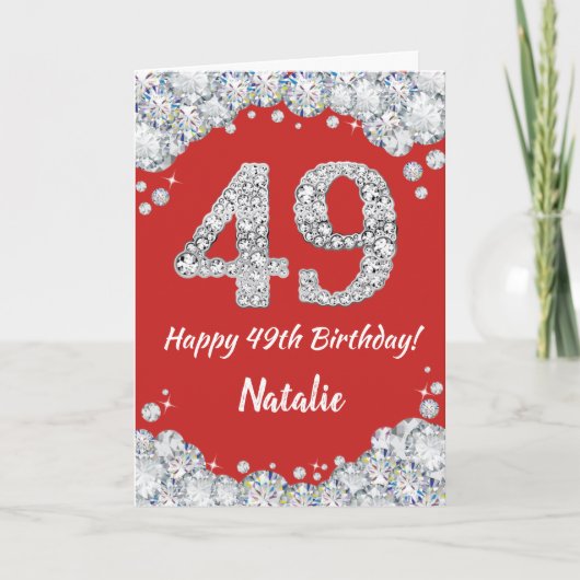 Happy 49th Birthday Red en Silver Glitter Card Kaart (Voorkant)