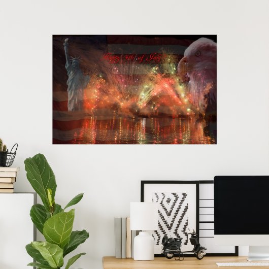 Happy 4 Juli - Vuurwerk de adelaar en het Stadium  Poster (Thuiskantoor)