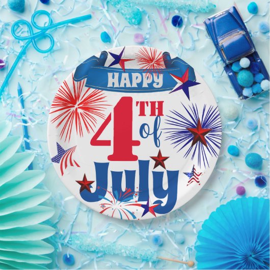 Happy 4 juli vuurwerk & sterren papieren bordje (Feest)
