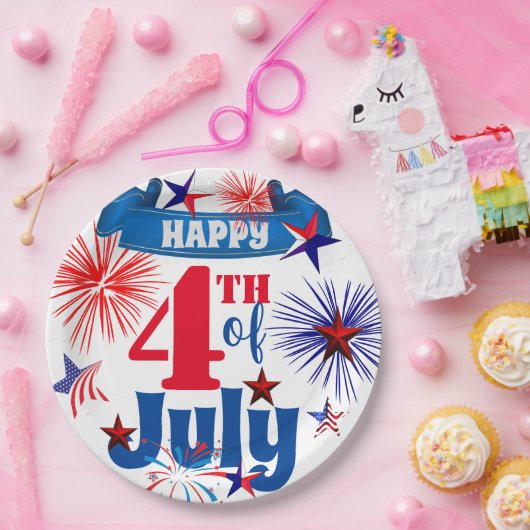 Happy 4 juli vuurwerk & sterren papieren bordje (Feest)