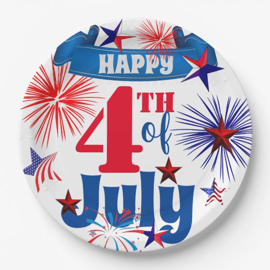 Happy 4 juli vuurwerk & sterren papieren bordje (Voorkant)