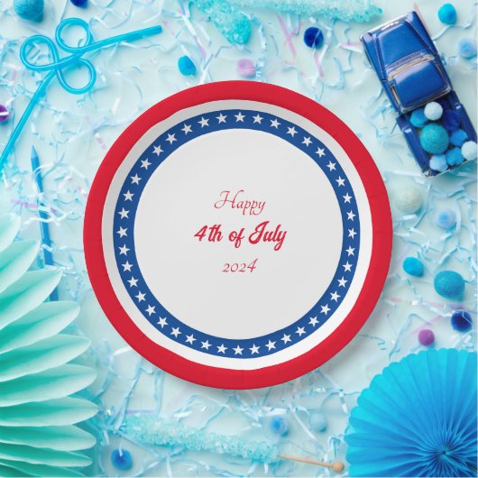 Happy 4-van-juli rood-wit blauw papieren bordje (Feest)