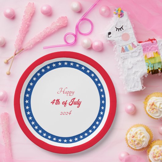 Happy 4-van-juli rood-wit blauw papieren bordje (Feest)