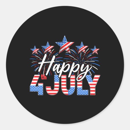 Happy 4e juli Amerikaanse vlag Fireworks Patrioti Ronde Sticker (Voorkant)