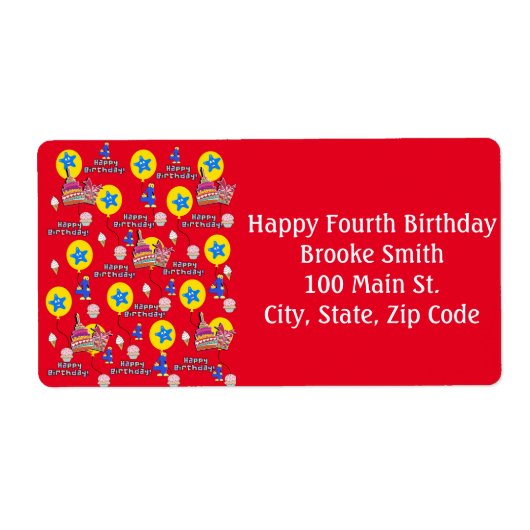 Happy 4th Birthday Adresetiketten, Yellow Red Etiket (Voorkant)