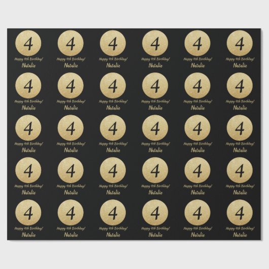 Happy 4th Birthday Black en Gold Glitter Cadeaupapier (Vlak)