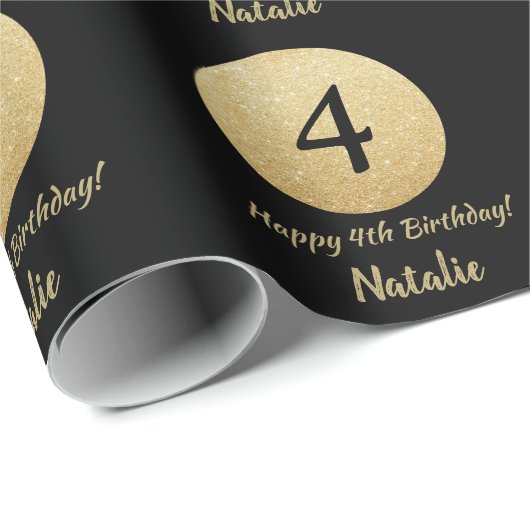 Happy 4th Birthday Black en Gold Glitter Cadeaupapier (Rol Hoek)