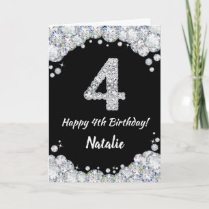 Happy 4th Birthday Black en Silver Glitter Card Kaart