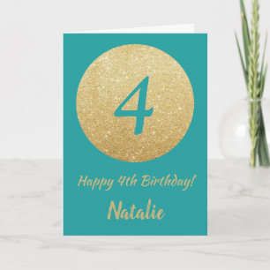 Happy 4th Birthday Blauwgroen en Gold Glitter Card Kaart