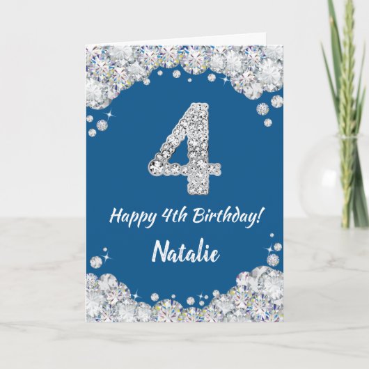 Happy 4th Birthday Blue en Silver Glitter Card Kaart (Voorkant)