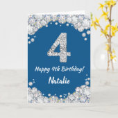 Happy 4th Birthday Blue en Silver Glitter Card Kaart (Gele Bloem)