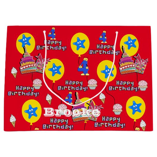 Happy 4th Birthday Gift Bag #4 Birthday Red Groot Cadeauzakje (Voorkant)