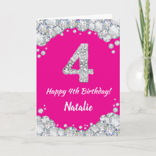 Happy 4th Birthday Hot Pink en Silver Glitter Kaart
