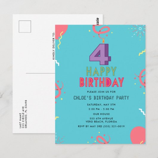 Happy 4th Birthday Kinder Party Briefkaart (Voorkant / Achterkant)