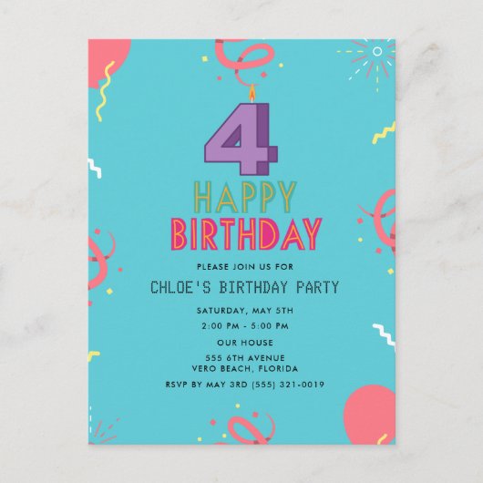 Happy 4th Birthday Kinder Party Briefkaart (Voorkant)
