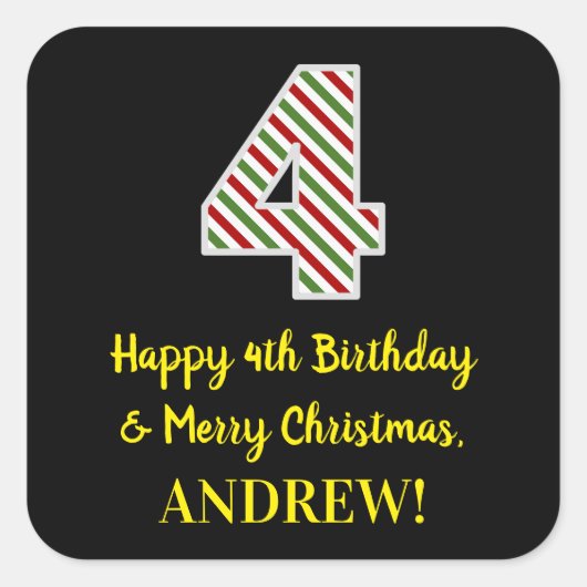 Happy 4th Birthday & Merry Kerstmis, aangepaste na Vierkante Sticker (Voorkant)