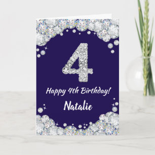 Happy 4th Birthday Navy Blue en Silver Glitter Kaart