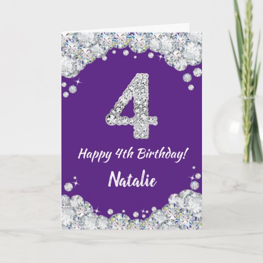 Happy 4th Birthday Paars en Silver Glitter Card Kaart (Voorkant)