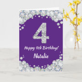 Happy 4th Birthday Paars en Silver Glitter Card Kaart (Gele Bloem)