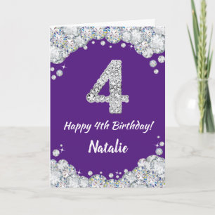 Happy 4th Birthday Paars en Silver Glitter Card Kaart