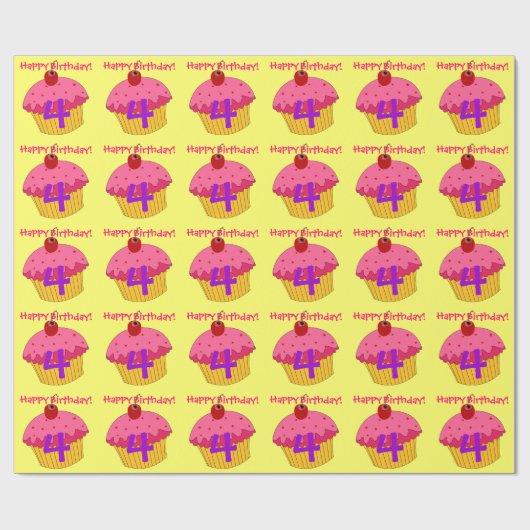 Happy 4th Birthday Pink Cupcakes Wrappapier Cadeaupapier (Vlak)
