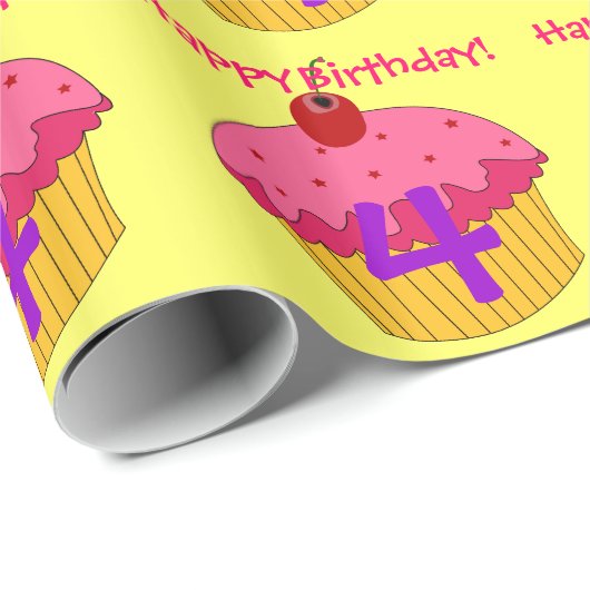 Happy 4th Birthday Pink Cupcakes Wrappapier Cadeaupapier (Rol Hoek)