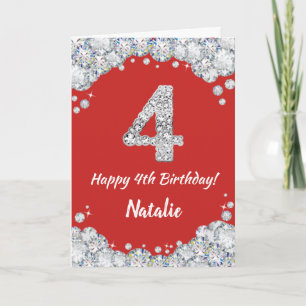 Happy 4th Birthday Red en Silver Glitter Card Kaart