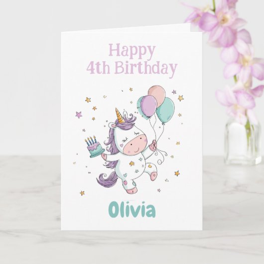 Happy 4th Birthday, Unicorn, Personalized Kaart (Orchidee)
