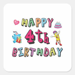 Happy 4th Birthday - wensen van vier jaar voor de  Vierkante Sticker
