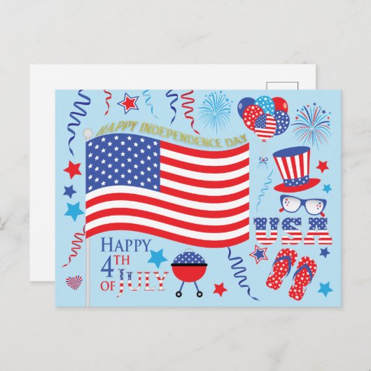 Happy 4th July Sterren en Strepen Graphics/blauw Briefkaart (Voorkant / Achterkant)
