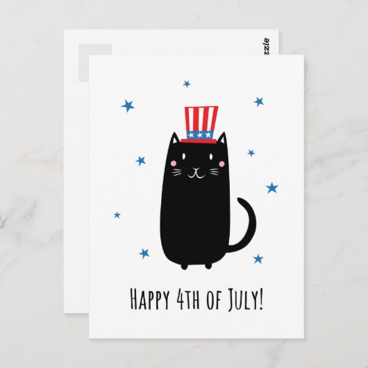 Happy 4th of July briefkaart met leuke, zwarte kat (Voorkant / Achterkant)