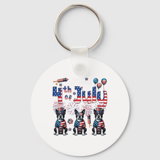 Happy 4th of July Drie Schattigee Boston Terriers Sleutelhanger (Voorkant)