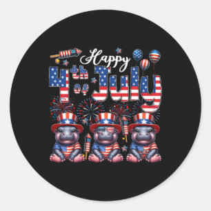 Happy 4th of July Drie Schattigee nijlpaarden Zonn Ronde Sticker